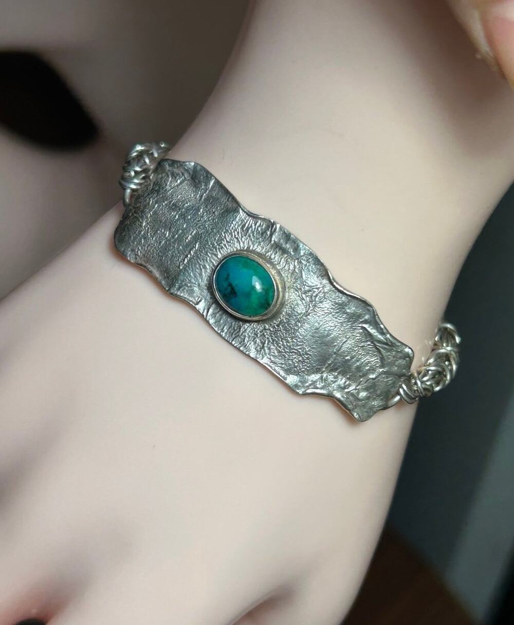 Vintage 950 Sterling Silver handcrafted turquoise gemstone ID bar chain Bracelet